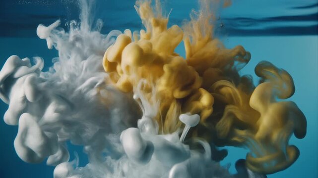 Abstract gold and silver ink clouds swirling and mixing in clear blue water creating ethereal organic shapes and fluid motion perfect for background design and visual effects