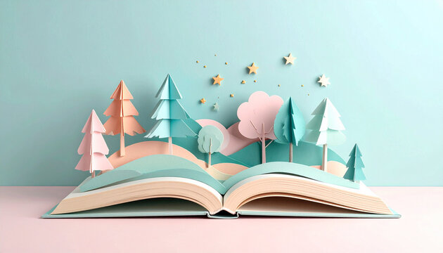 開いた本から飛び出す多彩な紙製森と丸い樹木