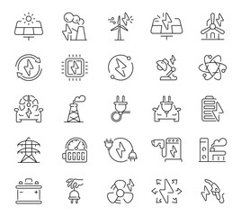 A linear icon set of 50 illustrations focused on electricity. Features symbols for devices, power generation, and safety. © Compositor 