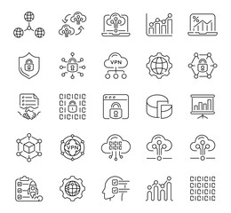 Large set of 50 linear icons focusing on data storage, cloud services, and digital processing. Perfect for illustrating information systems, servers, and file synchronization.