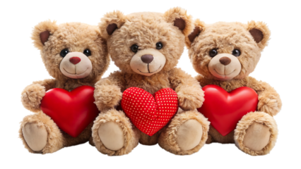 Three teddy bears holding red hearts stuffed animals
