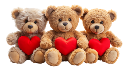 Three teddy bears with red hearts on black background
