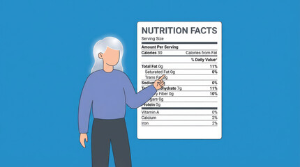 Woman with white hair points to nutrition facts label on a white background against a blue backdrop cutout on alpha channel