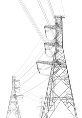 High voltage transmission systems. Electric pole. Power lines. Energy pylons. Black outlines image on white background. A network of interconnected electrical. Vector design illustration