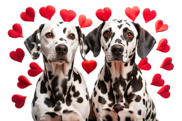 Two Dalmatian dogs surrounded by red hearts on black background