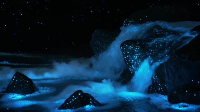 Bioluminescent Ocean Waves Crashing Against Rocks At Night With Sparkling Blue Plankton And Stars In The Sky