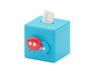 A blue box with a red speech bubble on the front isolated on transparent background