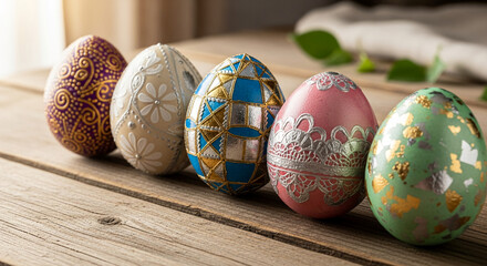 Five painted eggs on a rustic wooden surface, showcasing ornate pattern and festive decoration, symbolizing celebration and artistic creation