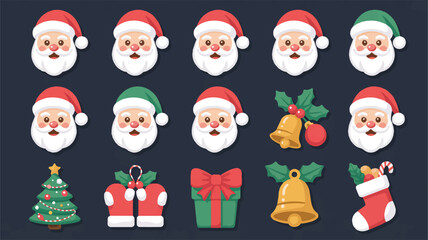 Fototapeta premium Santa Claus faces and Christmas icons on dark background