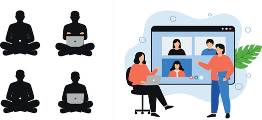 Online Team Meeting and Video Conference Illustration with Remote Collaboration, Virtual Communication, and People Using Laptops for Work from Home and Business