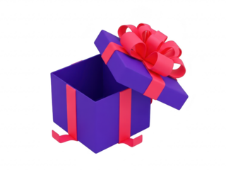 Purple gift box with pink ribbon and bow isolated on transparent background for present wrapping