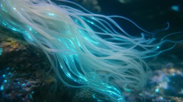 Bioluminescent Sea Anemone Tentacles Swaying Gently Underwater Macro Shot Ethereal Ocean Life Abstract Background Dynamic Movement Aquatic Ecosystem Marine Biology