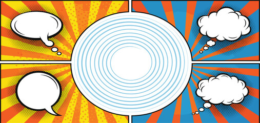 Pop Art Comic Background with Speech and Thought Bubbles, Halftone Dots, Colorful Rays, and Retro Panel Layout for Posters and Creative Design