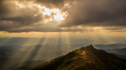 bedrock. Golden light breaking through clouds over a majestic mountain peak. travel magazines, destination branding, designed for outdoor magazines and nature guides and travel destination branding.
