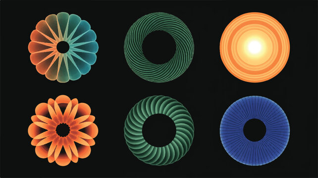 six colorful circular designs on dark background - Powered by Adobe