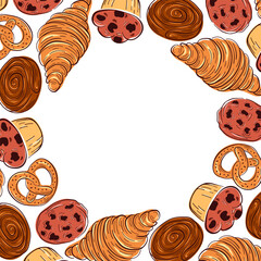Flat style bakery frame illustration with pastry. Rustic food border on white background for menu, poster, invitation and bakery branding.