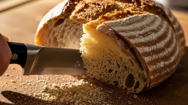Close-up of slicing rustic sourdough bread with crumbs falling on wooden surface