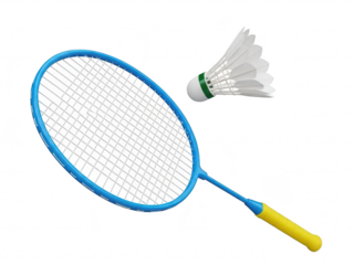Blue badminton racket and shuttlecock on transparent background for sports