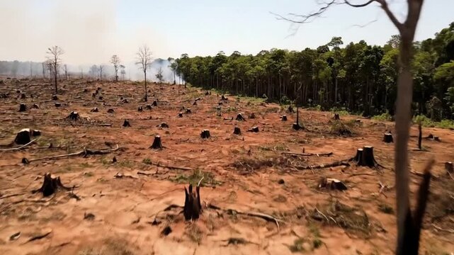 An impactful aerial view reveals a vast expanse of land severely affected by extensive deforestation, characterized by numerous dark tree stumps and charred remnants of trees scattered across the redd