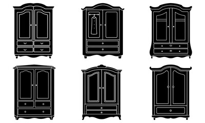 Six Black Wardrobes with White Outlines on White Background closet furniture