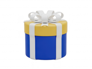 Blue and yellow gift box with a white ribbon tied around it isolated on transparent background