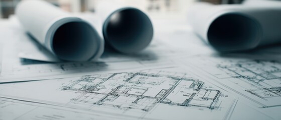 The Blueprints and Rolled Architectural Plans on a Modern Design Desk