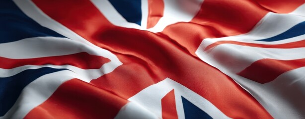 The Union Jack flag rippling in glossy satin folds with patriotic red white and blue