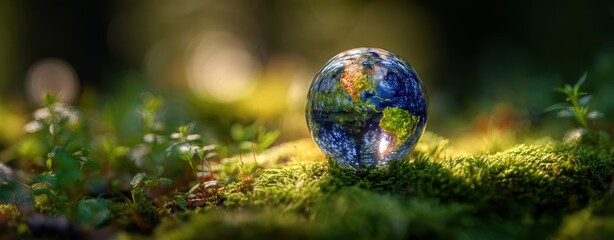 The glass globe of Earth resting on a mossy forest floor at sunrise