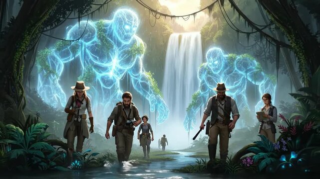 Adventure team exploring mystical forest encounters giant glowing spirits near waterfall
