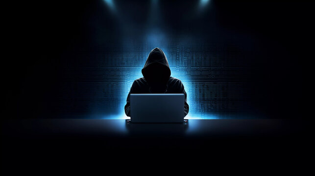 Anonymous person in a dark black hoodie works on a glowing blue laptop, symbolizing a mysterious hacker, cyber threat, internet crime, and data protection concept.