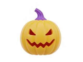 Halloween jack o lantern pumpkin with purple stem isolated on transparent background