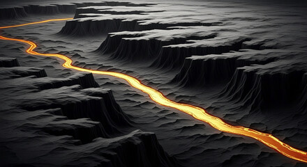 High-angle shot of rough, gray terrain with a glowing, winding, orange stream, representing journey, contrast, mystery, and energy source