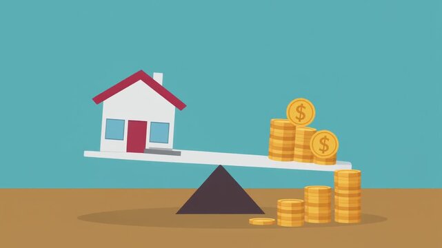 &ldquo;Stylized seesaw illustration house one end gold coins other end tilted balance property value financial decision&rdquo;