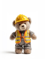 Construction worker teddy bear with yellow hard hat and reflective safety vest, isolated on a white background for cutting out
