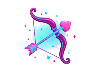 A pink and purple bow and arrow with a heart shaped arrowhead on a transparent background with stars