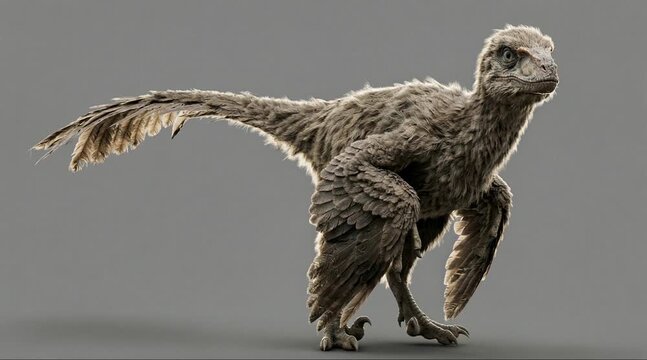 Velociraptor mongoliensis Walking Side View Isolated on Grey Background - Realistic Feathered Dinosaur Animation