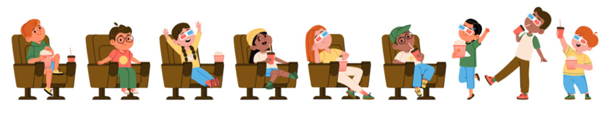 Cute kids characters watching movie with popcorn snacks and drinks isolated set on white background