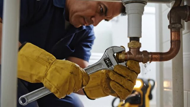 Professional plumber in yellow gloves repairing a leaky copper pipe with an adjustable wrench under a sink.