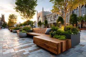 Modern urban public square with wooden benches and concrete planters on patterned stone pavement. Landscaped city plaza for outdoor relaxation in bright sunny daylight. High quality street furniture.