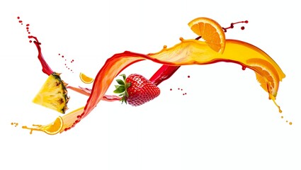 Vibrant splashes of orange juice and red strawberry swirl around pineapple slices in a dynamic, refreshing composition on a white background