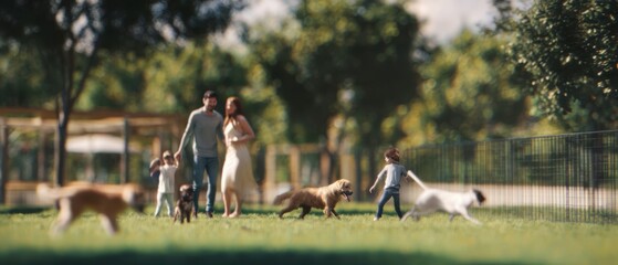 The Family Walking Dogs in Sunny Park on a Warm Summer Afternoon