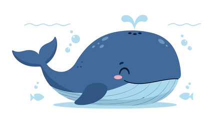 Obraz premium Cute Whimsical Vector Illustration of Smiling Blue Whale in Cartoon Style with Playful Water Spout and Small Fish Accents