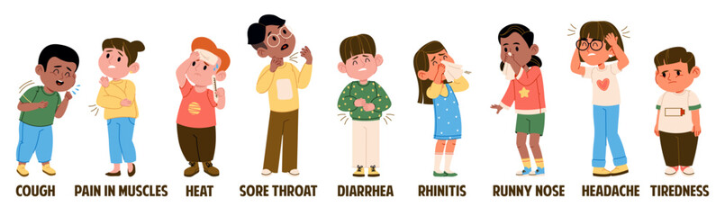 Little kids characters experiencing various symptoms flu or common cold isolated set on white