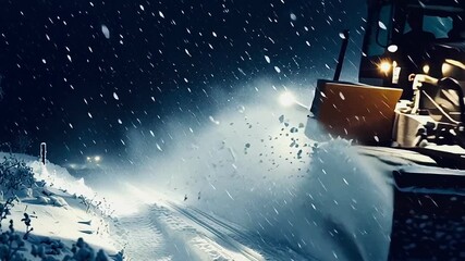 Powerful snowplow truck with bright headlights and flashing lights clearing a highway during a heavy blizzard at night, removing deep snow to ensure road safety and transportation access