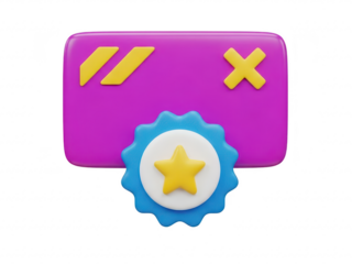 Purple rectangle with yellow symbols and blue star isolated on transparent background for web