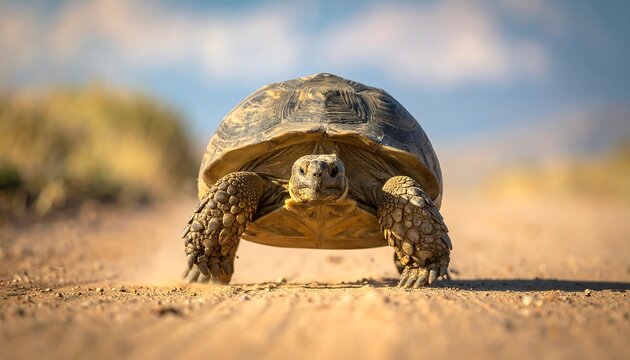 A close-up, ground-level shot shows a desert tortoise walking directly towards the viewer on a dirt road, sunny sky behind