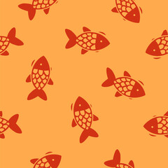 Folk stamp pattern with gold fish. Seamless vector print with fish.