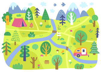 Summer camping map. Doodle woodland landscape with tent and trailer.