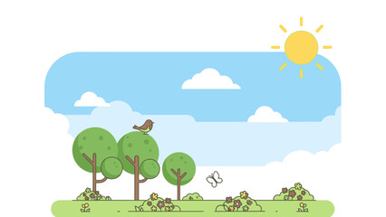 Fototapeta premium Cartoon Trees and Clouds Under Sun.
