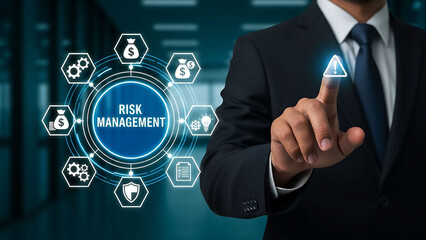 Fototapeta premium Business Professional Touching Digital Risk Management Strategy Interface